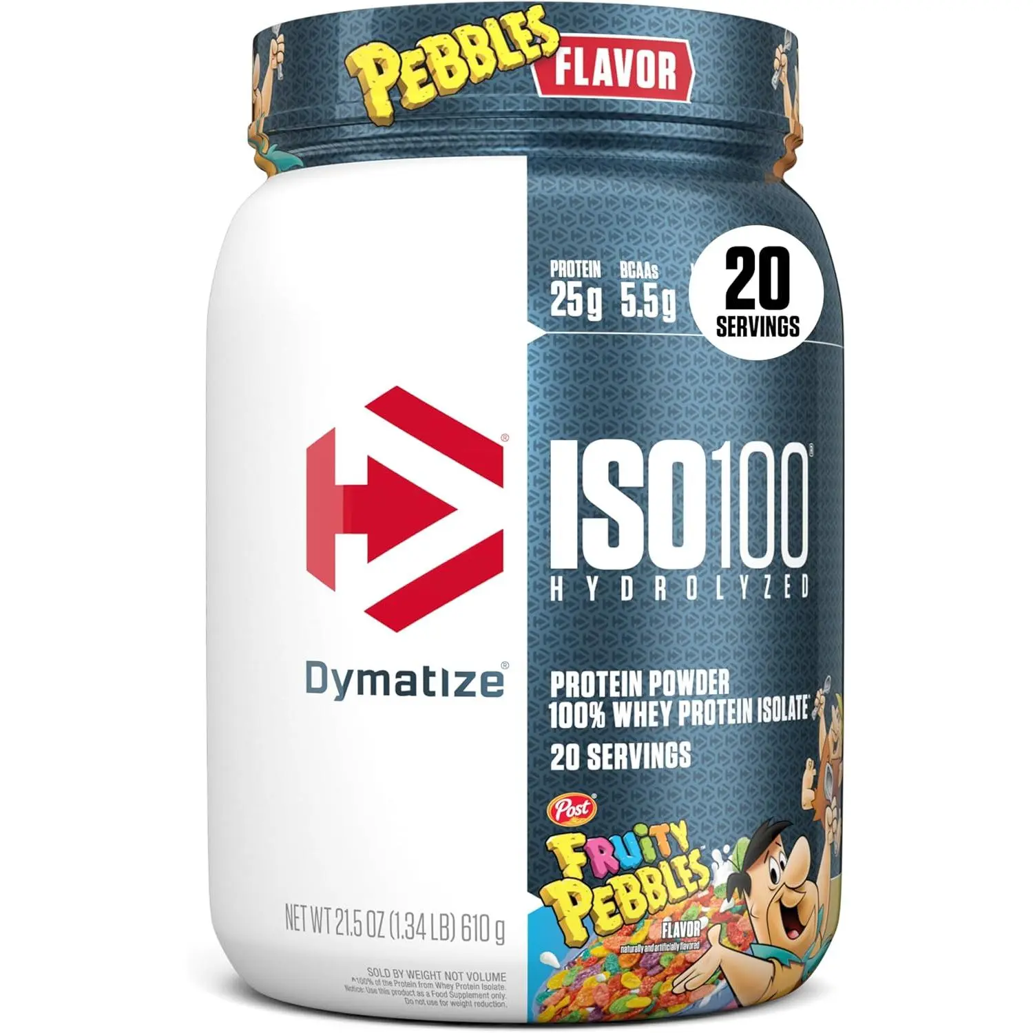 Dymatize x Fruity Pebbles ISO100 Whey Protein Powder Isolate, 25g of Protein, 20 Servings, 5.5g BCAAs, 120 Cal., Gluten Free, 1g Fat, 1g Sugar, 2g Carb