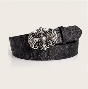 Unisex Gothic Luxe Engraved PU Leather Belt with Gothic Buckle - Western Cowboy, Vintage Western Style Fashion Clothes Accessory, Belts, Western Belt, Cowboy Belt