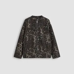 Cider [size 0-10] Denim Round Neckline Leopard Jacket