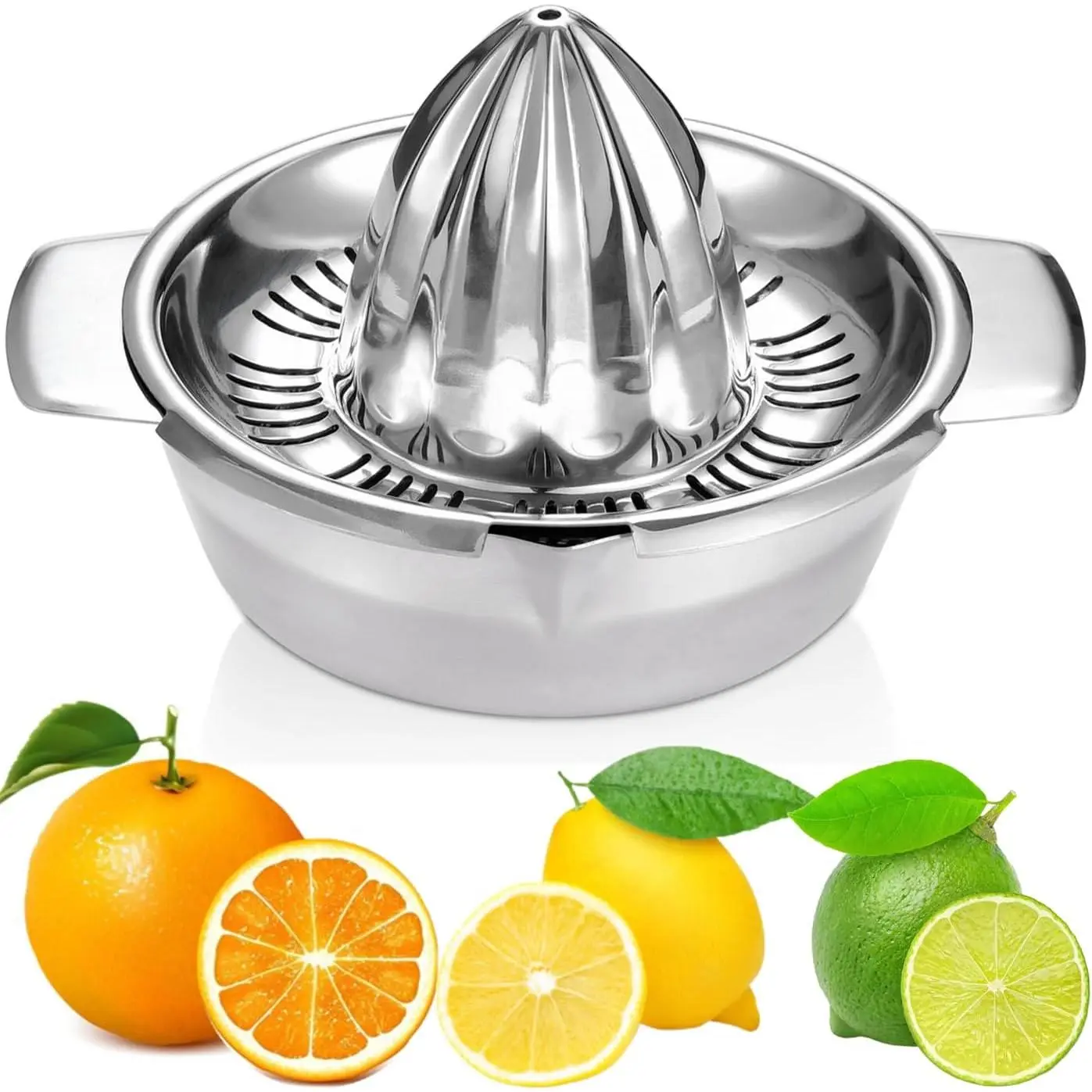304 Stainless Steel Handheld Citrus Juicer - Manual Press with Handles, Portable Cone Reamer, Rotation Mechanism, Strainer, 10oz Bowl, 2 Pour Spouts, Dishwasher Safe Heavy-Duty Kitchen Utensil