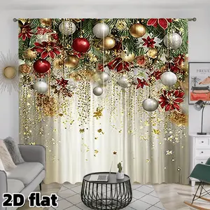 2D Flat 2Pcs Christmas Decorative Ball Printed Curtains Poinsettia Pattern Pole Pocket Design Semi Sunshade Polyester Fiber Suitable for Living Room Bedroom Kitchen Window Treatment Holiday Decor Anti Privacy Home Decoration Curtain