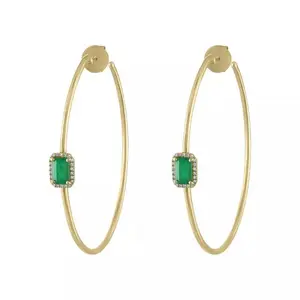 Green Ground Circle Hoop Earrings with Decorative Green Stone and Simple Design