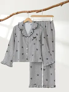 Women's Striped Bow Pattern Sleepwear Set, Soft Comfortable Home Wear, Fashion Earflap Trim, 2 Piece Pajama Set Loungewear