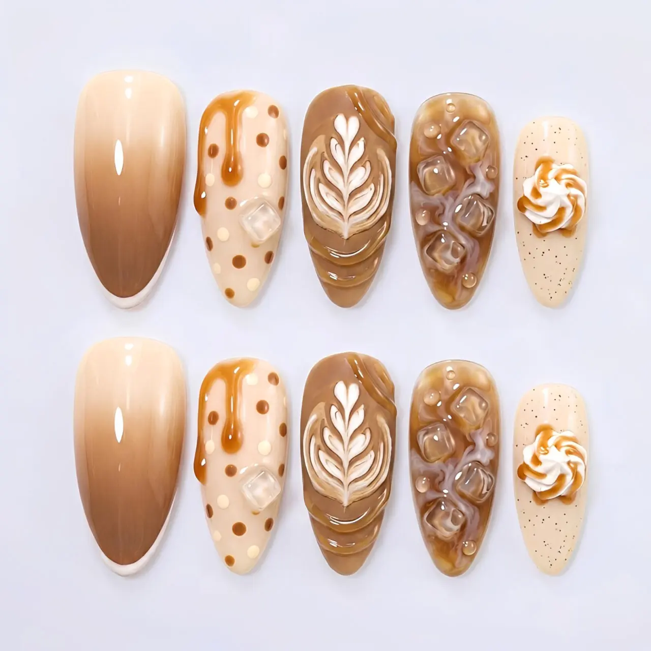 3D Iced Caramel Latte Press on Nails with Ice Cube & Whipped Cream | Fake Nails in Short Almond | Cozy Fall Cafe Aesthetic