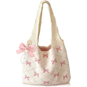 Medium city tote bag Pink Crochet Tote Coquette Bow Aesthetic Hobo Bag for Women Beach Mesh Knitted Shoulder Bag Boho Shoulder Handbag  Large Capacity Tote bag