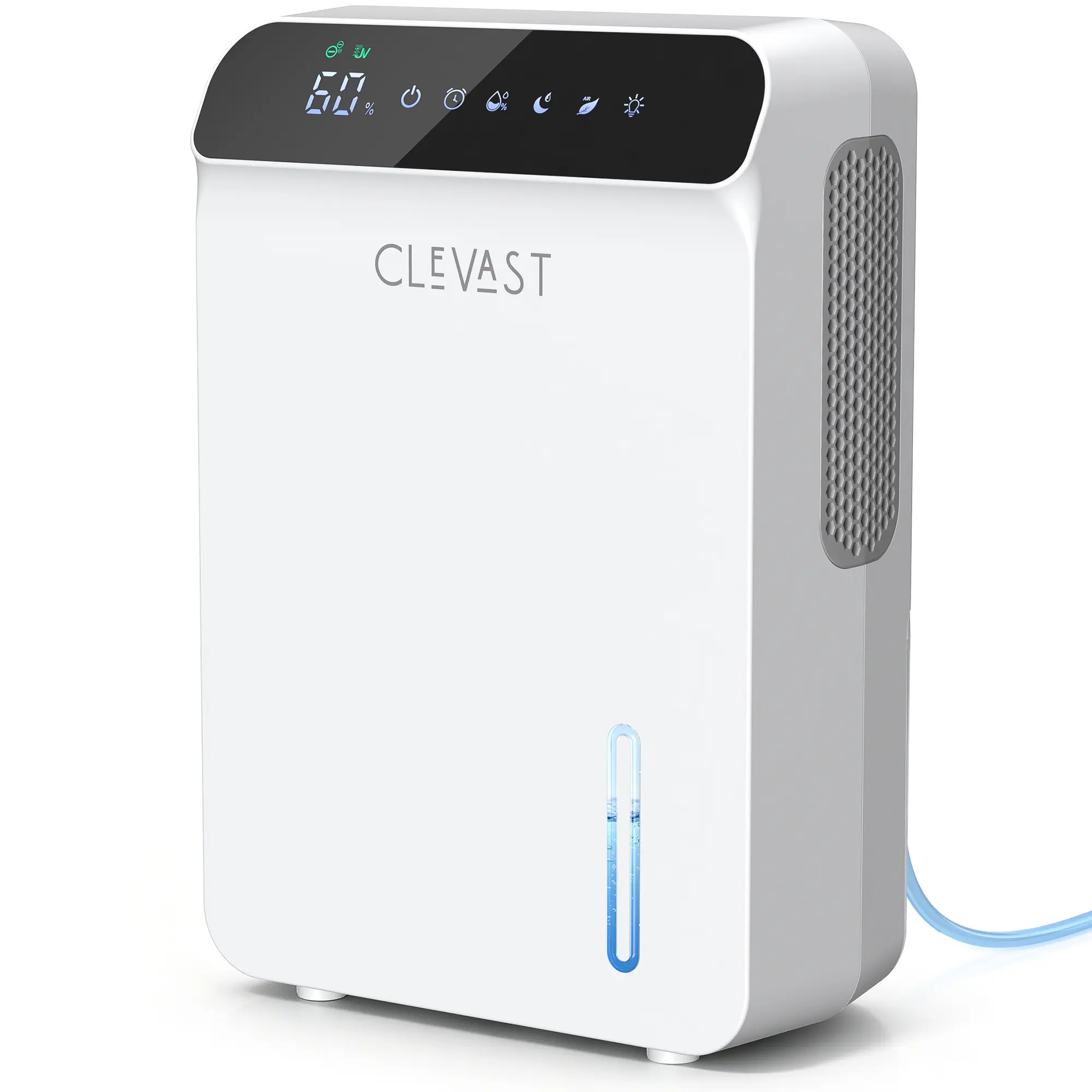 CLEVAST 2-in-1 Portable Dehumidifier - 23oz/Day Dual Semiconductor Unit, 30dB Quiet Sleep Mode, UV-C Negative Ion Air Purifier, 68oz Tank, Drain Hose for Bathroom, Bedroom