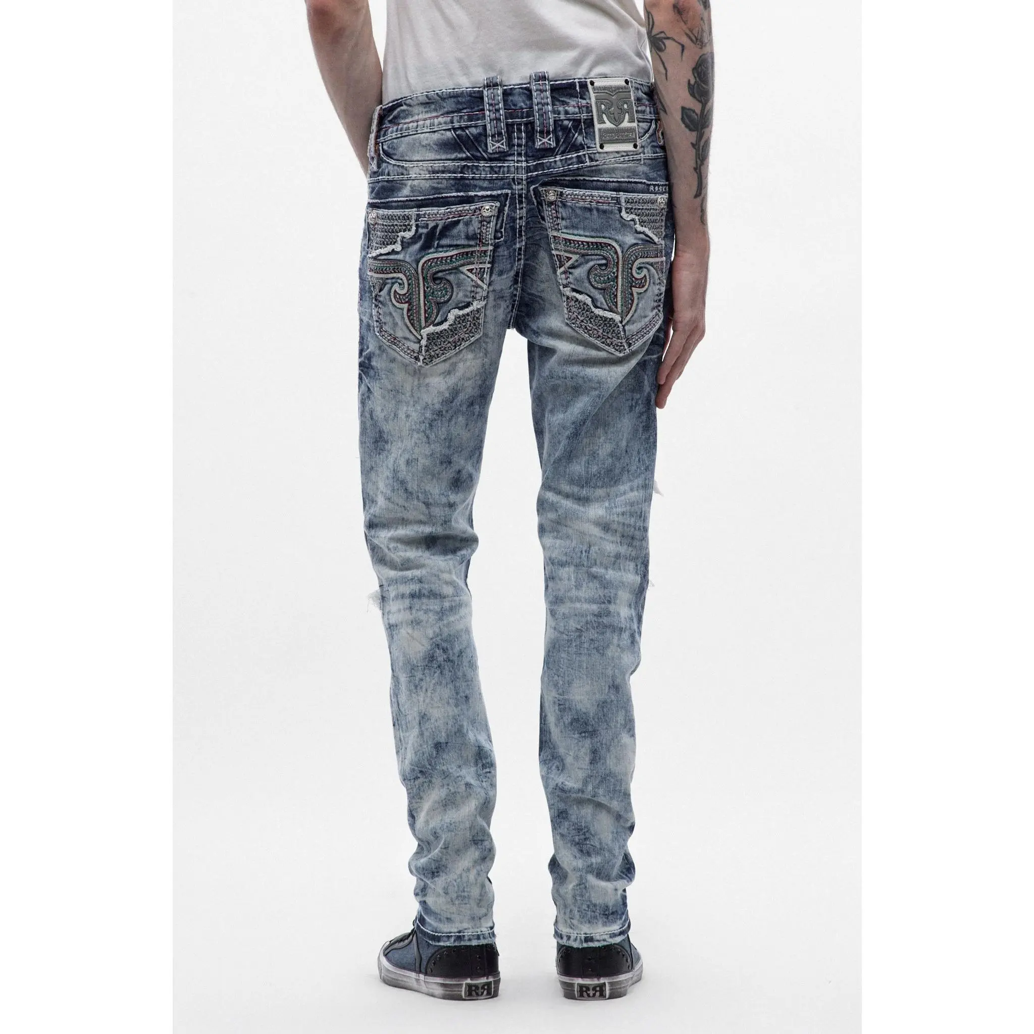 Rock Revival Robin Taper Fit Jeans in High-Stretch Denim with Signature Embroidery, Mid Waist, Light Wash Streetwear Style - Final Sale, Pants Embroidered Denim Pants Embroidered Casual Jeans, Menswear, Denim Look Jeans