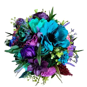 Bright Jewel Tone Wood Flower Artificial Bouquet - Peacock Green and Purple Theme, Decorative Everlasting Bridal Bouquet, Eco-Friendly Home Decor for Weddings, Proms