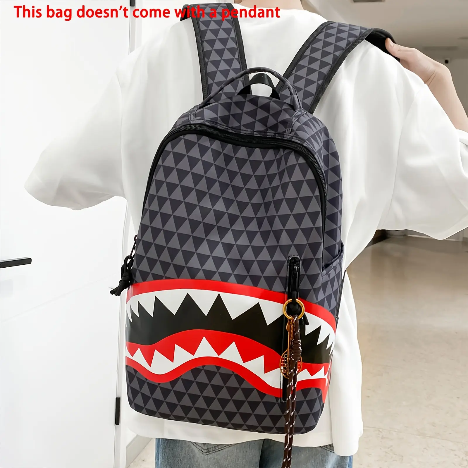 Stylish Shark Print Backpack - Lightweight, Adjustable Straps, Large Capacity, White & Gray Design, Perfect for School, Work, or Casual Outings, Casual Daypack |            Backpack |           Secure Zipper Closure, Shark Backpack