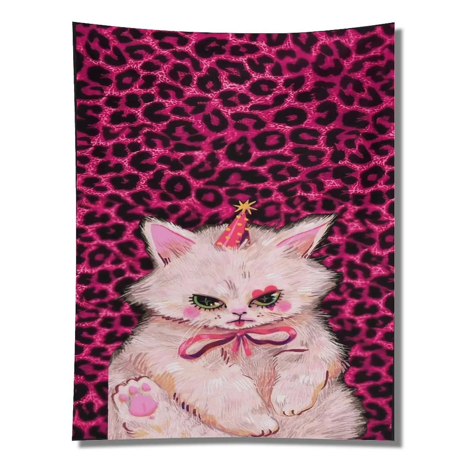 Hot Pink Glitter Leopard Print Background Fluffy White Party Kitten With Pink Bow And Birthday Hat Vintage Cartoon Cute Pet Wild Animal Wall Tapestry Wall Hanging Y2K Glam Kawaii Teen Bedroom Decor