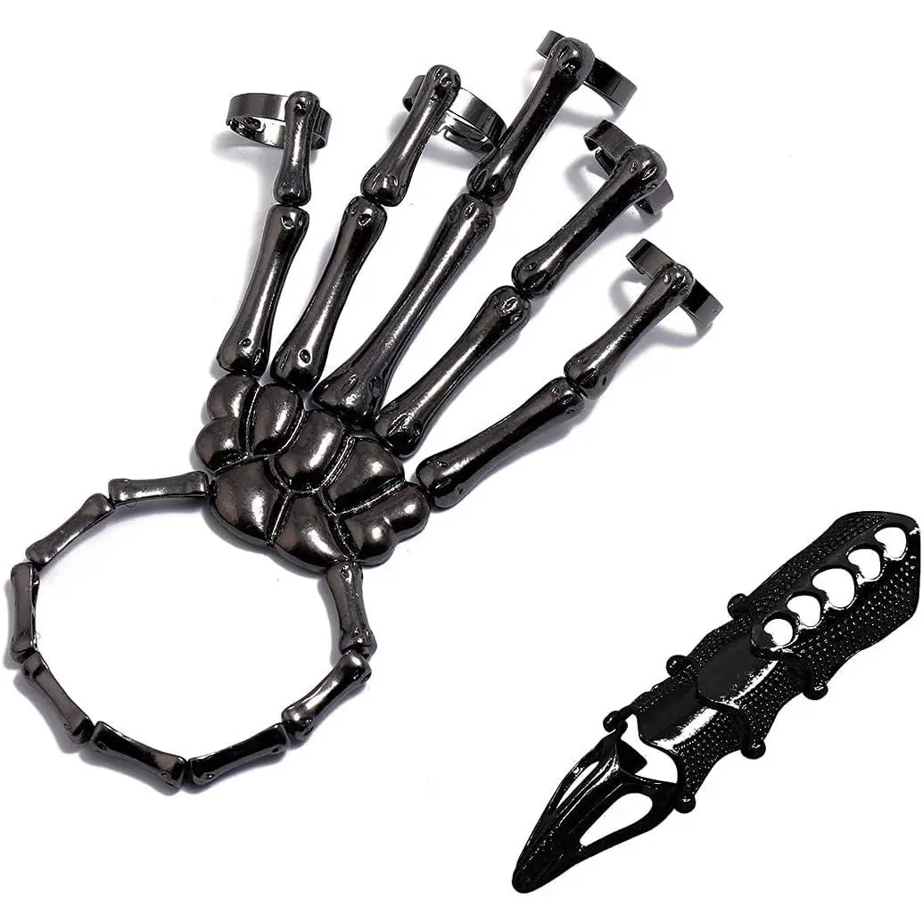 Women's 2Pcs Gothic Style Skeleton Element Bracelets with Ring, Punk Style Wristband & Finger Cover, Dark Fantasy Design Whimsical Gothic Bracelets & Bangles for Halloween Cosplay Party Goth Costume Jewelry, Gothic Alt Style Bracelets & Bangles