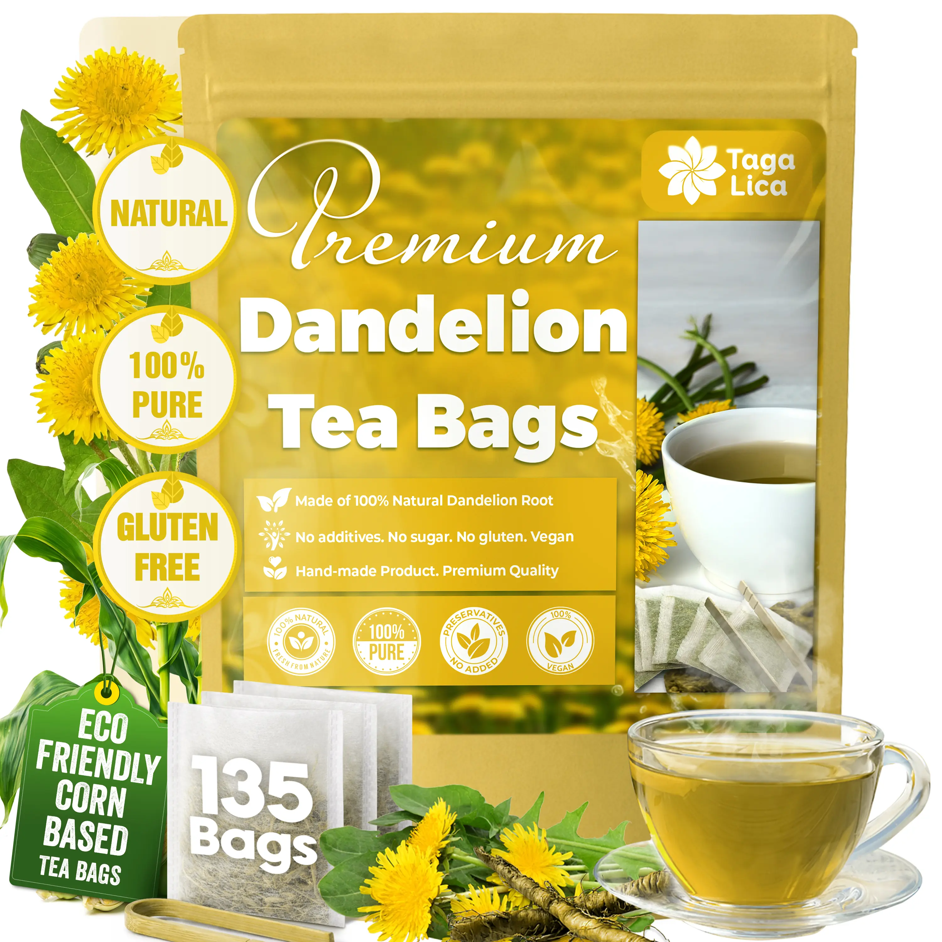 135 Tea Bags Premium Dandelion Root, 100% Natural & Pure from Dandelion Root, Eco-Conscious Tea Bags, Dandelion Tea, Dandelion Root Herbal Tea. Dandelion Root Tea. No Sugar, No Caffeine, No Gluten, Vegan Beverage