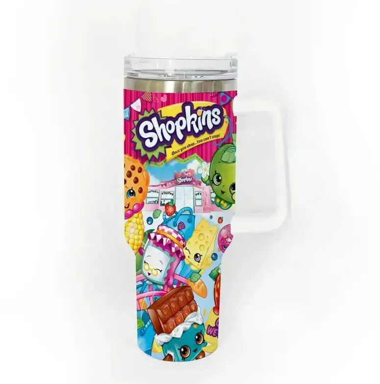 Shopkins Inspired Tumbler 40oz With Handle, Colorful Cute Character Pattern Stainless Steel Insulated Travel Cup, Fun Cartoon Drinkware Gift For Fans
