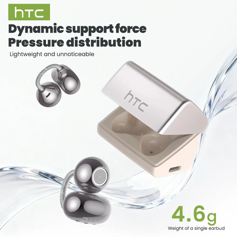 HTC NE67 Clip-On Ear Headphones, Spring Design, Imperceptible Wearing, Wireless Earbuds Bluetooth 6.0, Sport Waterproof & Sweatproof, Suitable for Office, Sports, Study and Audio Calls, Built in Microphone, Gaming Bluetooth Headphones