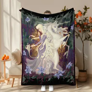 Unicorn & Girl Pattern Blanket, Floral Blanket, Soft Comfortable Throw Blanket, Warm Napping Blanket for Home Office Travel CampingAir blanket