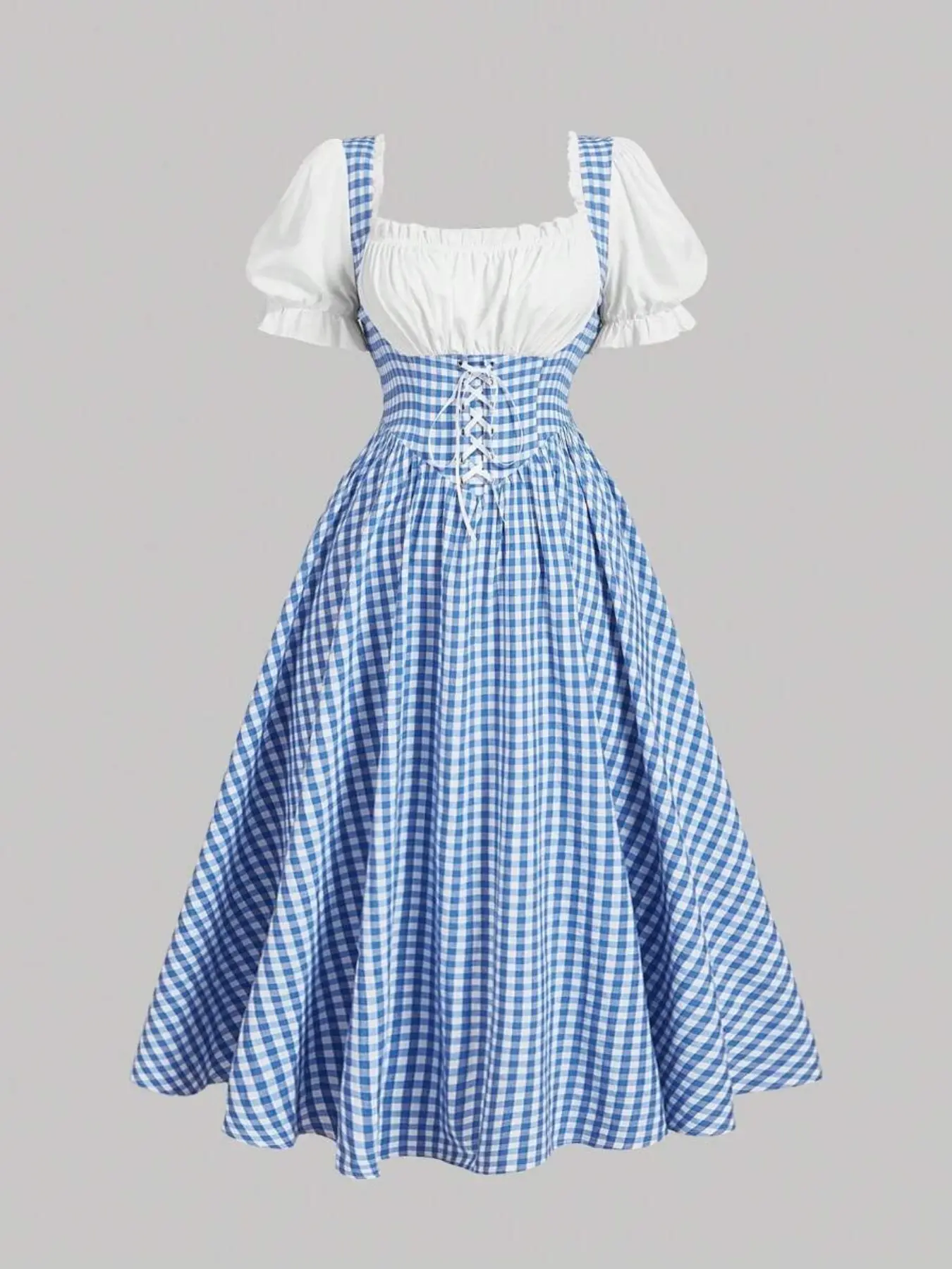 Vintage Plaid Patchwork Women's Short Sleeve Dress, Sweet Butterfly Knot, Elegant A-Line Skirt, All-Season Fitted Design, Drawstring