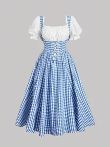 Vintage Plaid Patchwork Women's Short Sleeve Casual Dress, Sweet Butterfly Knot, Drawstring, Elegant A-Line Skirt, All-Season Fitted Design, Cute Summer