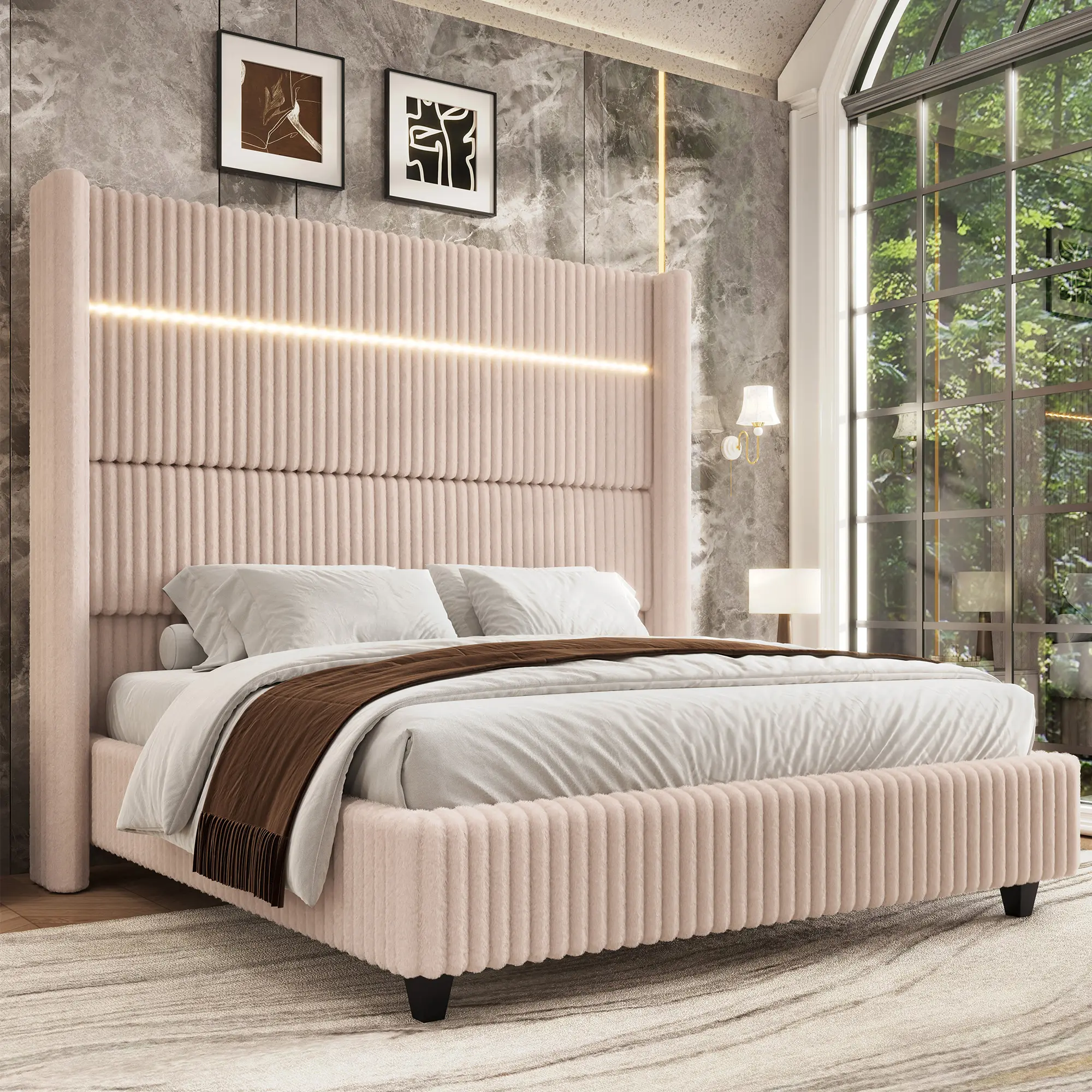 ALBOTT LED Bed Frame with 60" Tall Wingback Headboard, Modern Upholstered Platform Bed with Charging Station, No Box Spring Needed/Luxury Furniture/Christmas Gifts/Best Gift Ideas/Cozy Home