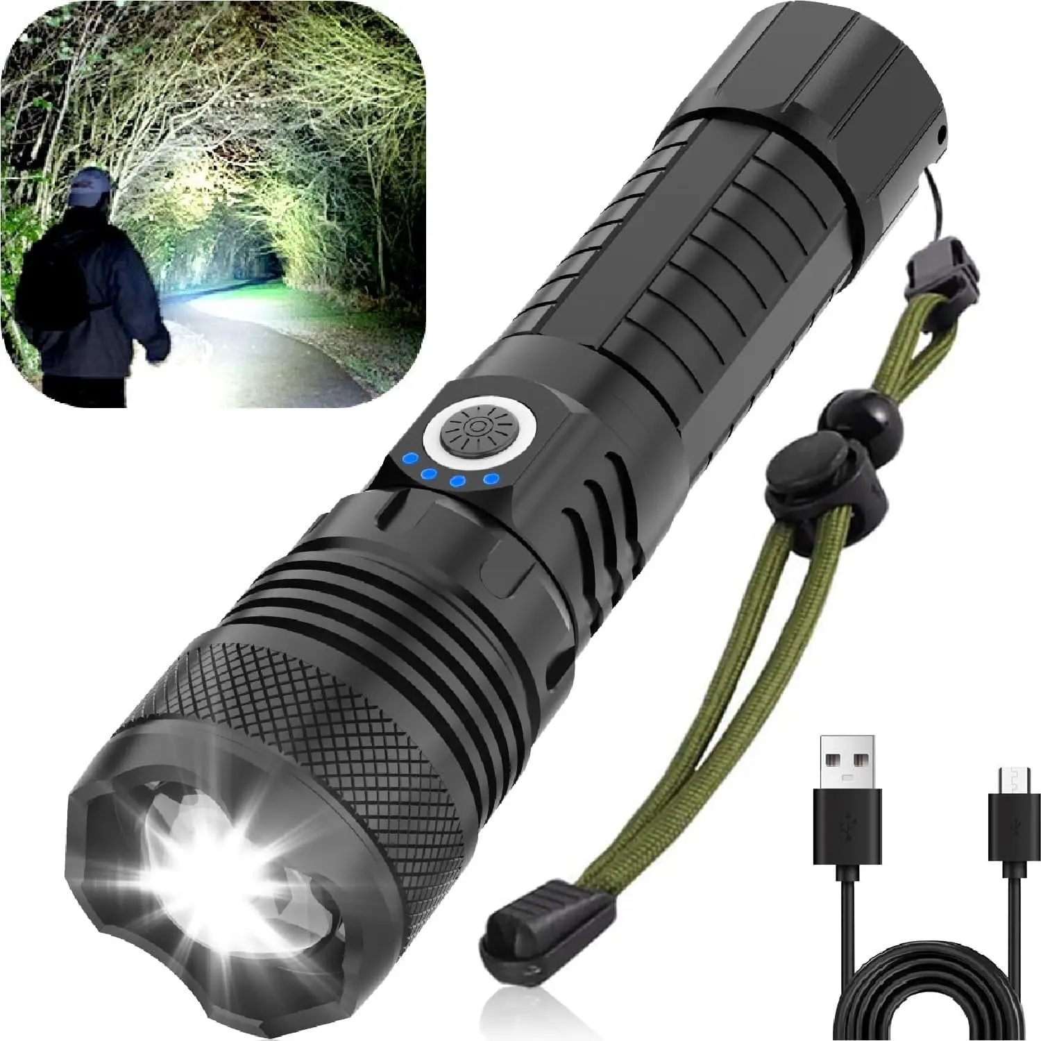 LED Flashlights, High  10000 Lumens Super Bright  Flashlight, Rechargeable, 5 Modes Zoomable Waterproof Flash Lights for Emergency, Outdoor, Home, Camping, Hiking