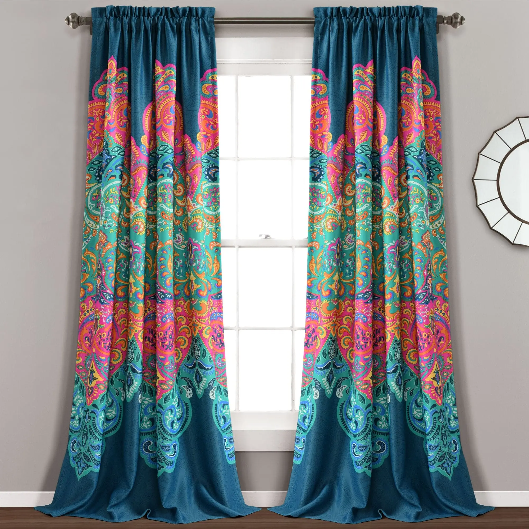 Lush Decor Boho Chic Easy Install Home Decorative Darkening Curtain Panel Set - 2 Panels, 52"Wx63"L-108"L, 3" Rod Pocket, Machine Washable, Suzani Design, Modern Home Decor for Bedroom & Living Room, Easy Install Curtain