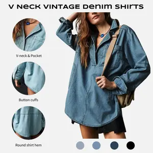 PASLTER S~2XL Womenswear FallFreshness Denim Pullover Casual Comfort Button V Neck Blouse Loose Fit Tops Longsleeves Jean Jacket With Pocket
