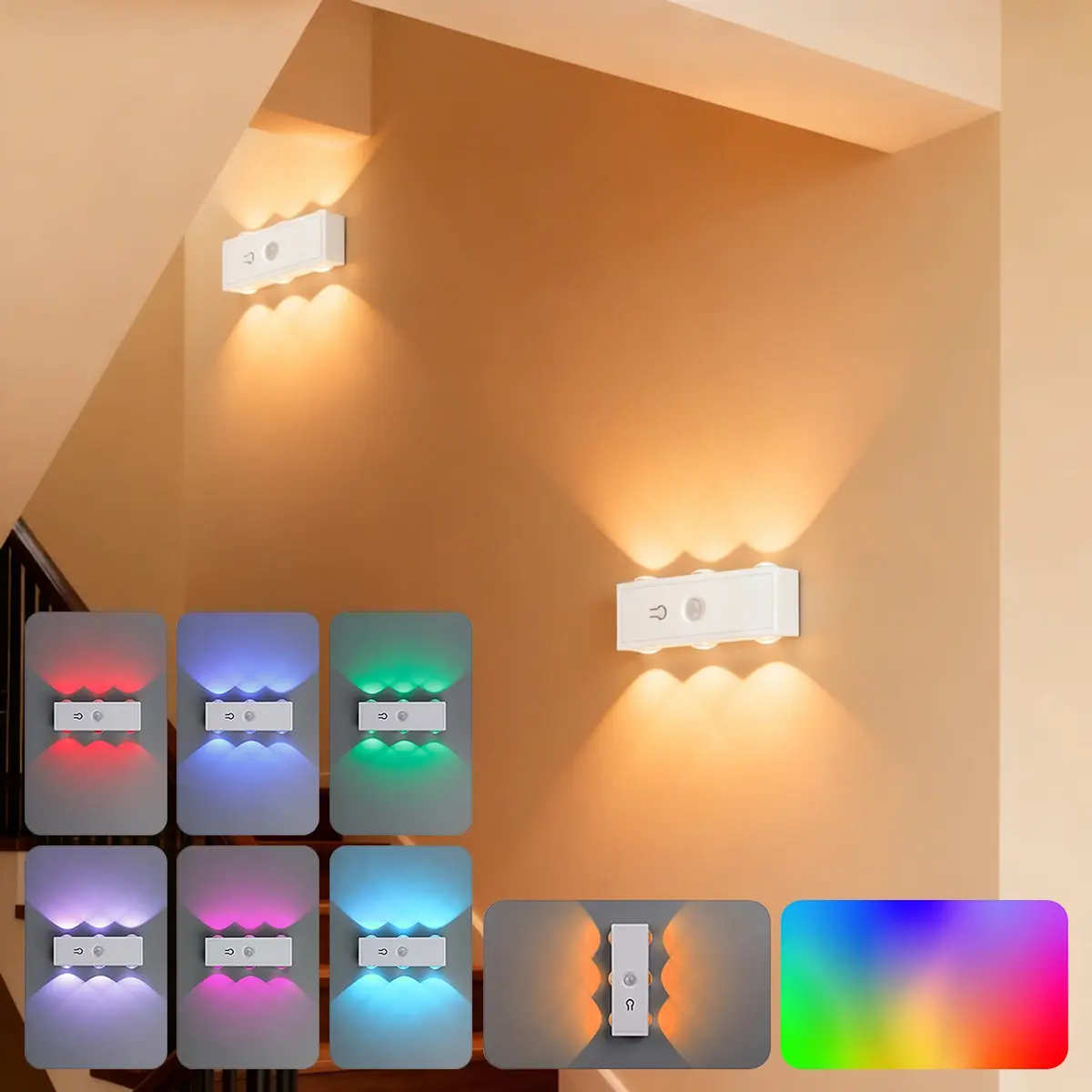 Smart LED Motion Sensor Wall Lamp, Decorative Wall Light, 6-Head Cat-Eye Design, USB Rechargeable Night Light, RGB Gradient Lighting, Indoor Decoration Lamp, Suitable for Living Room, Hallway, Bedroom, White, Magnetic Mount, No Wiring Required