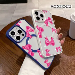 Hot Pink Bow Pop Pattern Magnetic Phone Case for iPhone 17 16 15 14 Pro Max 13 12 11 XR XS Plus Anti-Yellowing Shockproof Lightweight Transparent Acrylic Soft Cover Supports Wireless Charging