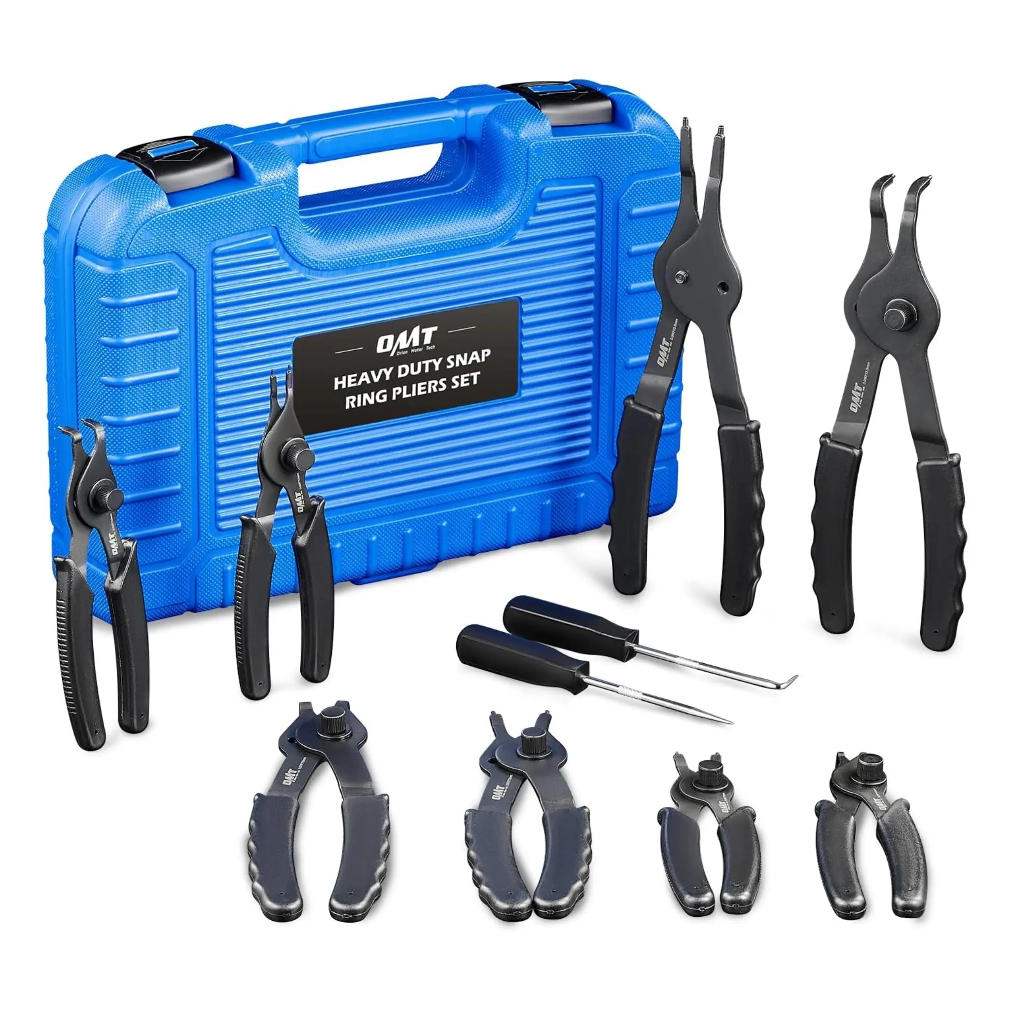 【SpotlightDay】Orion Motor Tech Blue/ Black 10pc Snap Ring Pliers Set, Internal & External Circlip Pliers Set with Bent Pliers Straight Pliers Hook Pick, Heavy Duty Snap Ring and Circlip Removal Tool with Storage Case & Gloves