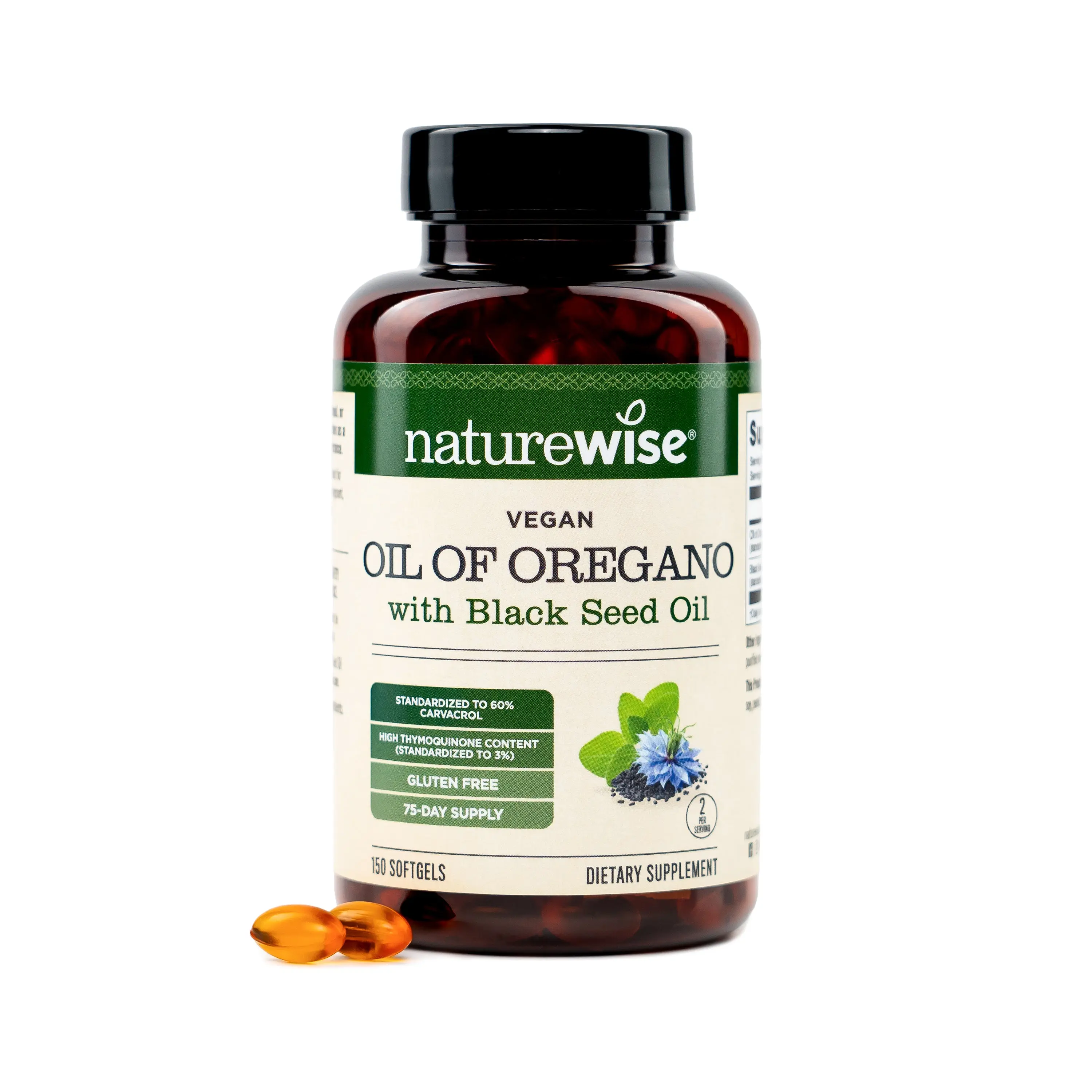 NatureWise Vegan Oil of Oregano with Black Seed Oil - 60% Carvacrol - High-Potency Thymoquinone - Immune & Seasonal Wellness Support - USA Manufactured