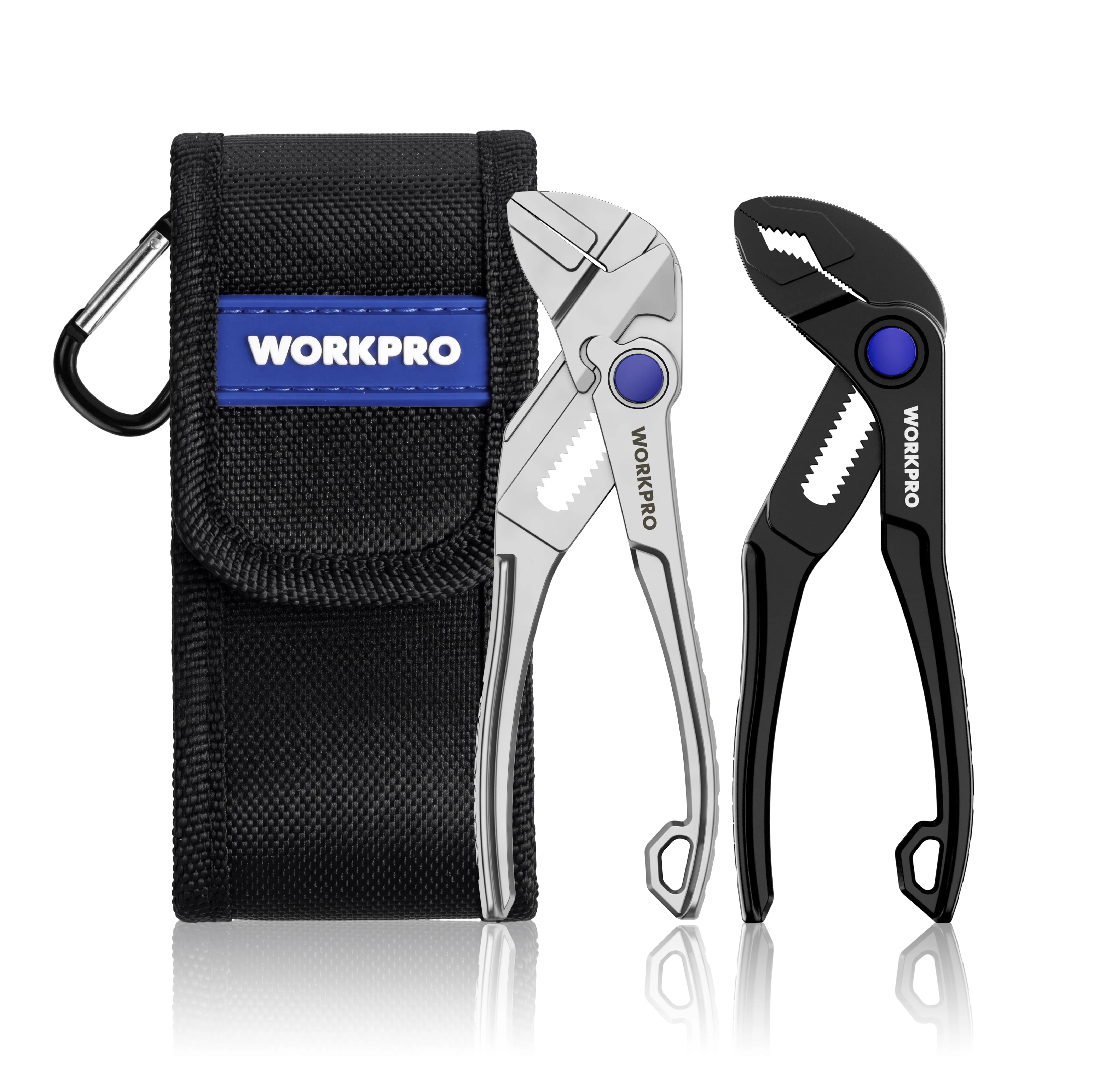 WORKPRO 2-Pack Mini Pliers Set with Pouch, 4-Inch Water Pump Pliers & Pliers Wrench, High-Toughness Alloy Steel Mini Groove Joint Plier & Smooth Jaw Plier, EDC Pliers for Tight Spaces & Versatile Use