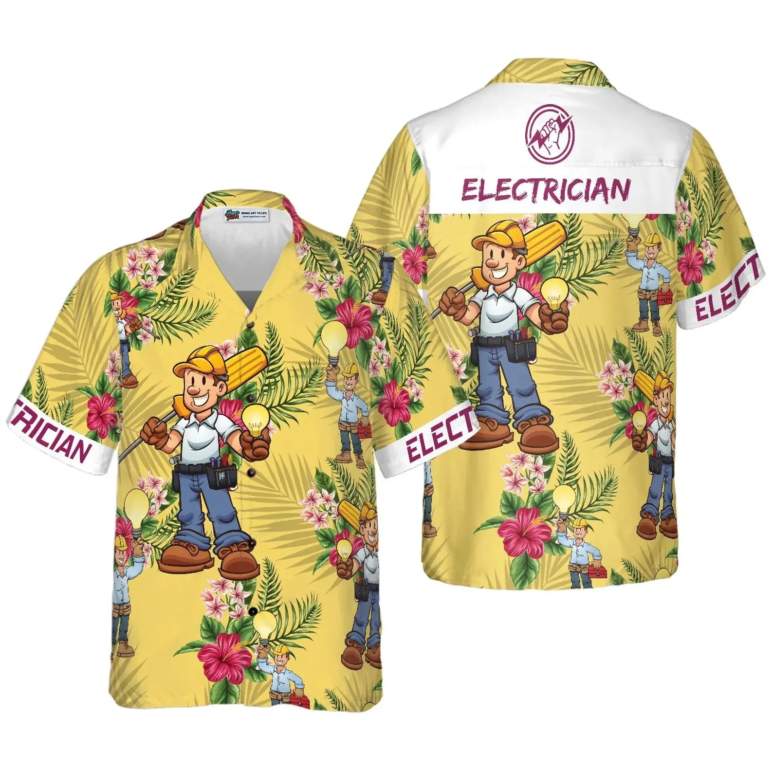 Electrician Hawaiian Shirt, Funny Electrician Aloha Shirt, Tradesman Cartoon Button Up, Electrician Gift Shirt, Mens Work Humor Summer Shirt