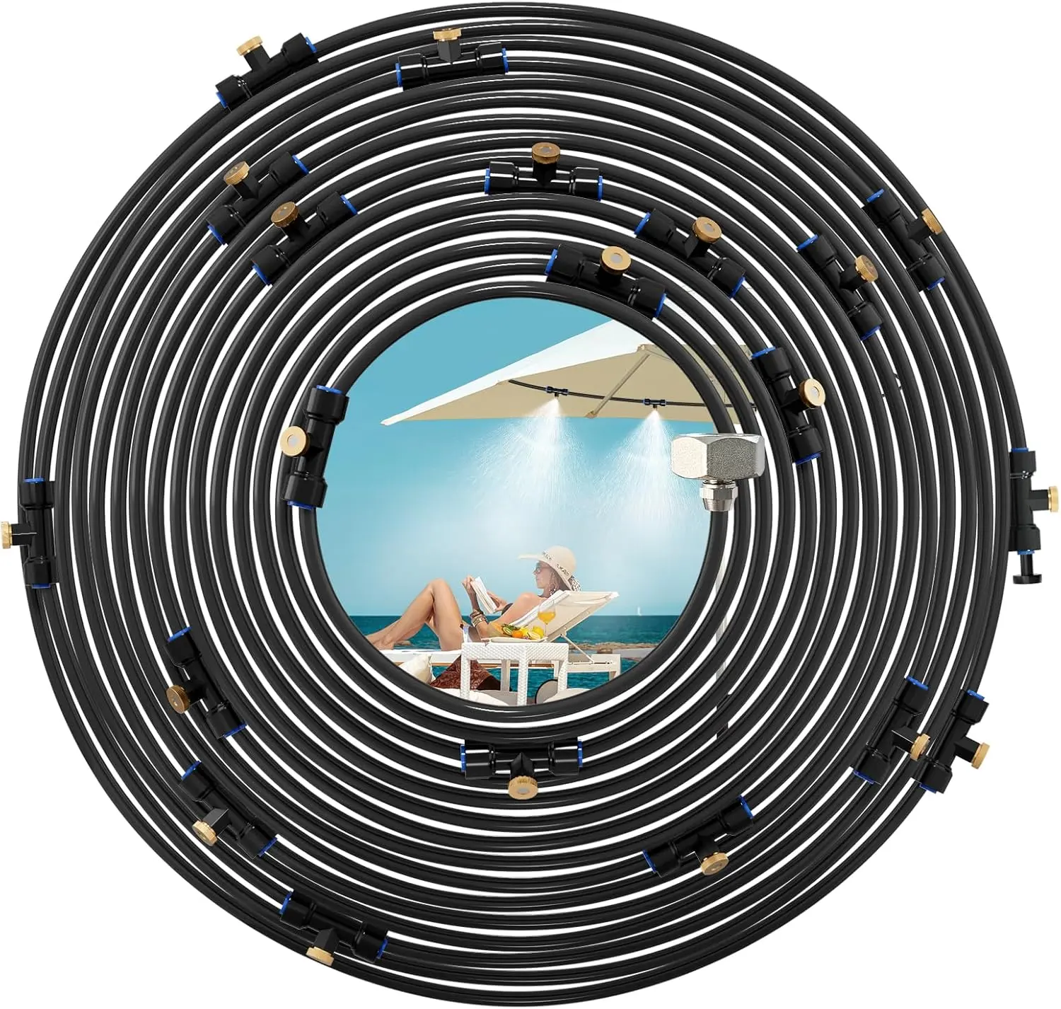 Misting Cooling System, 26FT (8M) Misting Line + 7 Brass Mist Nozzles + Brass Adapter(3/4") Outdoor Mister for Patio Garden Greenhouse Trampoline for Waterpark