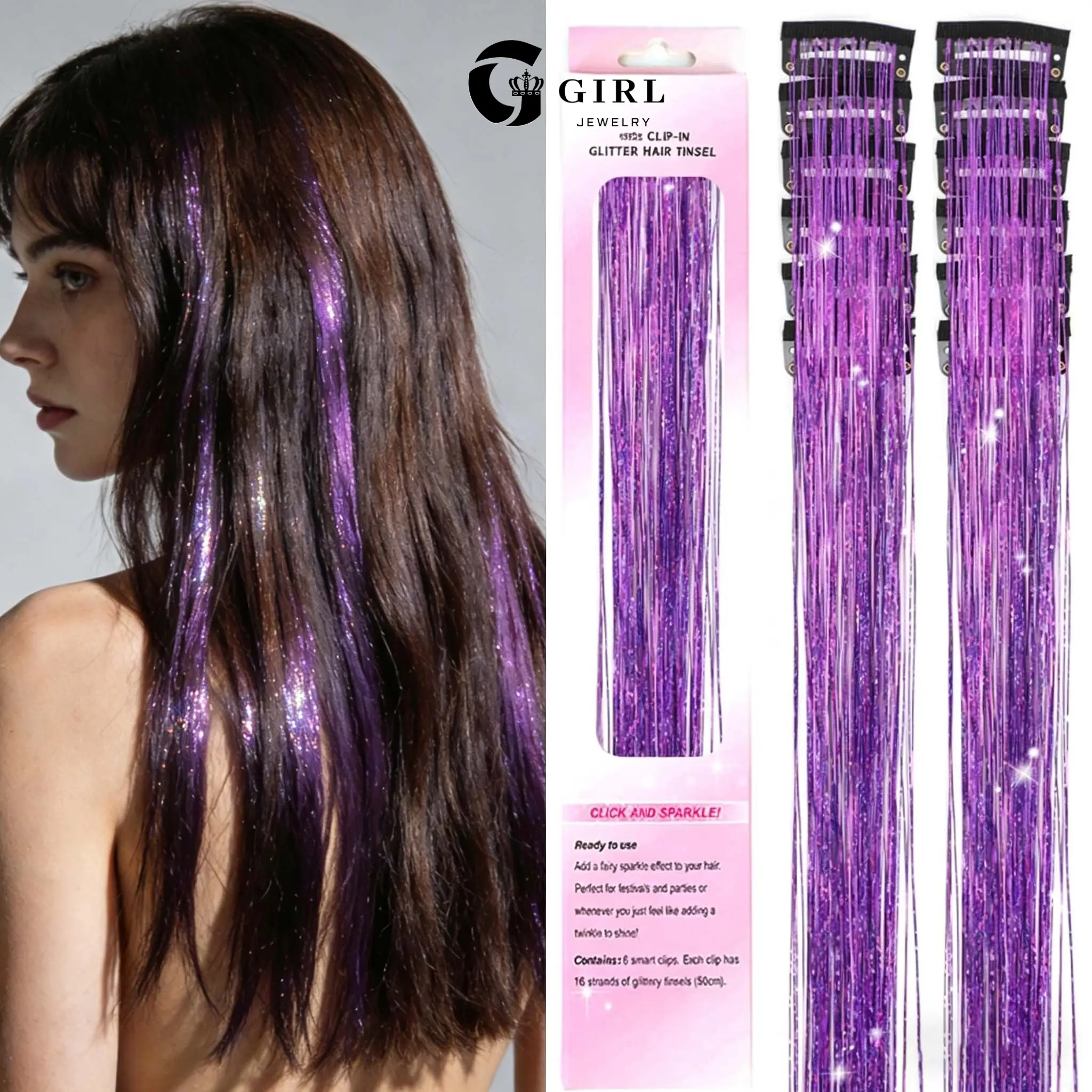GGIRL Personilized Clip in Hair Tinsel Pack of 12 PCS 24 Inch , Punk Style Rinbow Glitter Tinsel Hair Extensions 24 Inche ,Stylish Festival Tinsel Fairy Hair Extension Multi-colour Party Dazzle Hair Accessories Strands Kit for Women Youth Girls Kids