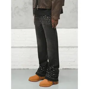 Men’s heavy-crafted embroidered flare jeans, gradient beaded denim jeans, casual elastic flare jeans, comfortable fashion design