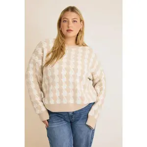 Houndstooth Pattern Crewneck Long Sleeve Sweater