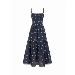 Cider Embroidery Floral Tiered Lace Trim Flared Maxi Dress