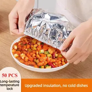 50-piece set of aluminum foil insulation covers, suitable for home dining tables and food containers; used for food preservation and insulation in the kitchen; made of aluminum foil