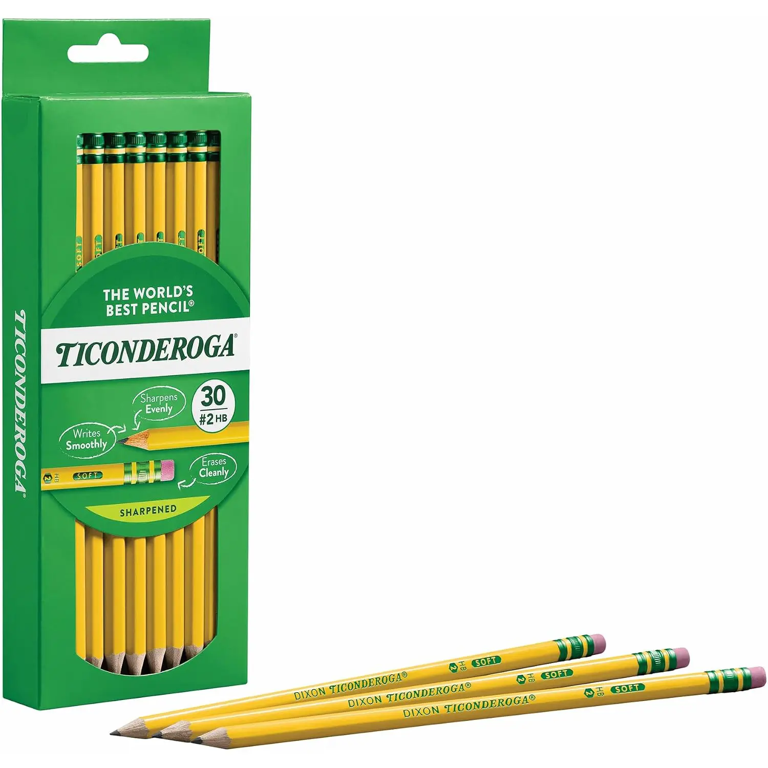 Ticonderoga #2 HB Pre-Sharpened Pencils, 30 Count | Premium Wood-Cased Yellow Pencils with High Quality Erasers for School & Office