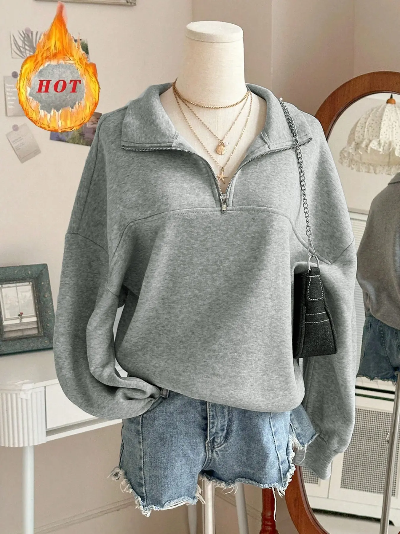 Women's Oversized Fit Half-Zip Pullover | Soft cozy fleece-lined long sleeve sweatshirt with polo collar, trendy grey casual top perfect for fall/winter streetwear & loungewear Womenswear