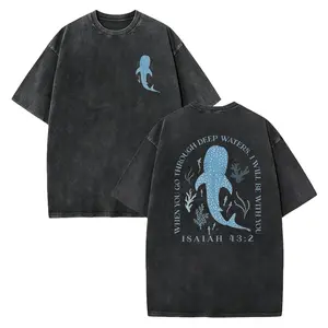 Unisex Double-Sided Whale Shark Christian T-Shirt, "When You Go Through Deep Waters I Will Be With You" Isaiah 43:2 Ocean Faith Casual Tee (Black & White)