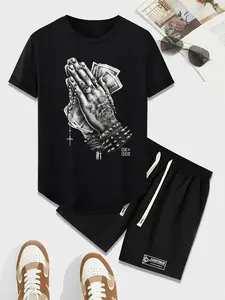 2 Counts Men's Stylish Casual Fashion Set Graphic Drawstring Pocket Two-piece Set, Regular Fit Round Neck Short Sleeve Top & Elastic Waist Shorts, Summer Clothes, Men's Outfits for Daily Wear, Menswear