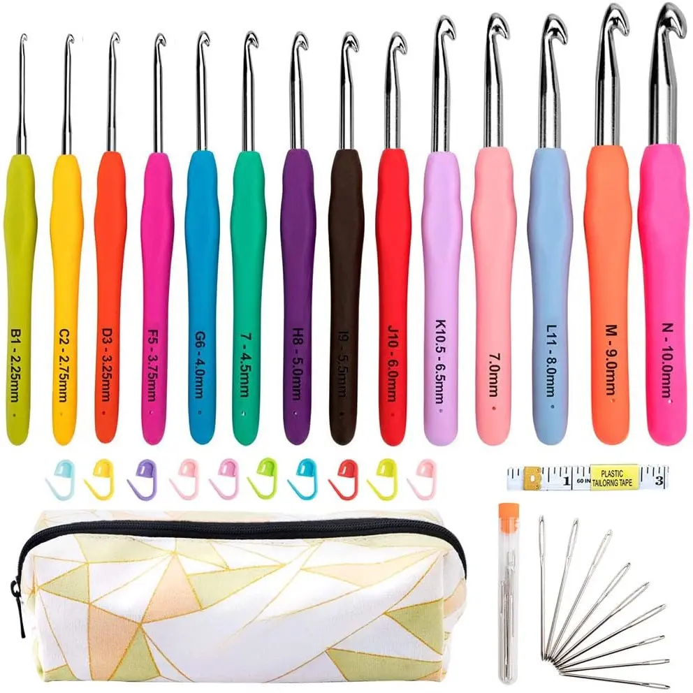 Ergonomic Crochet Hooks Set - 14 PCS 2mm(B)-10mm(N) Soft Grip Handle Kit with Compact Portable Case, Extra Long Hooks for Moms, College Students & Travel Knitting Crochet DIY Projects, Mom, Compact And Portable