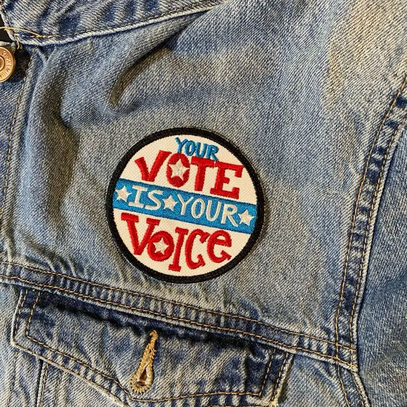 "Your Vote Is Your Voice" Patch Embroidered Applique Embroidery Craft Accessory - 3.03in x 3.03in Geometric Design, Sew-On, Iron-On, Hook Backing (Embroidery Patches for Sewing Craft Kits)