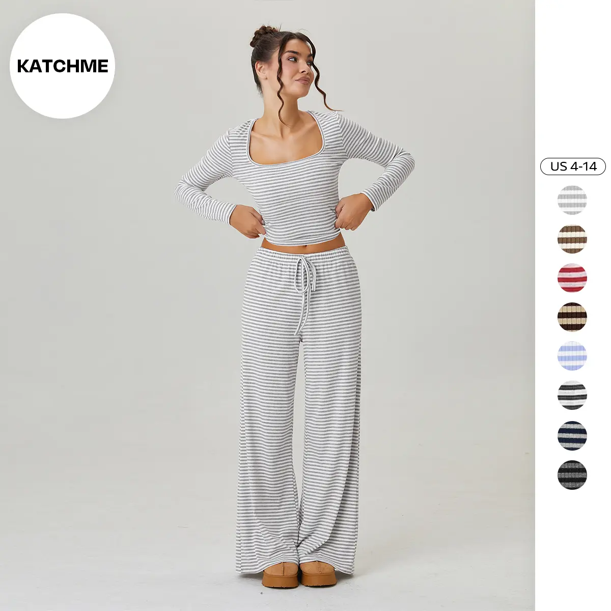 KatchMe Women's Leisure Square Neck Stripe Long Sleeve Crop Top & Low-Rise Wide Leg Trousers Co-ord, Casual Two Piece Outfits, Going Out Matching Set(T)