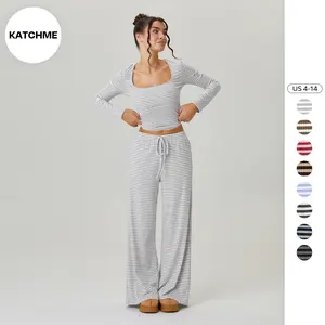 KatchMe Women's Leisure Square Neck Stripe Long Sleeve Crop Top & Low-Rise Wide Leg Trousers Co-ord, Casual Two Piece Outfits, Going Out Matching Set