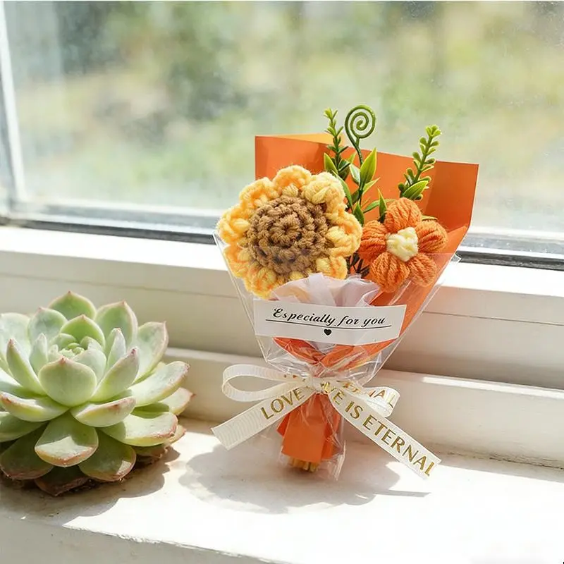 Handmade Knitted Flower Bouquet, Sunflower, Daisy, Mini Floral Arrangement, Perfect Gift for Mom, Unique Handcrafted Decorative Piece, Knitted Artificial Flowers, Artificial Bouquets