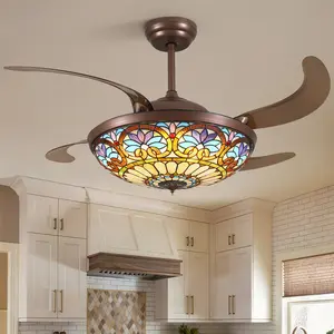 Retractable Fandelier Tiffany Ceiling Fan Chandelier with Lights Large Fandelier Stainglass Light Dimmable Rversible Vintage Style Ceiling Fan for Living Room Bedroom Kitchen Dining Room(48"/52")