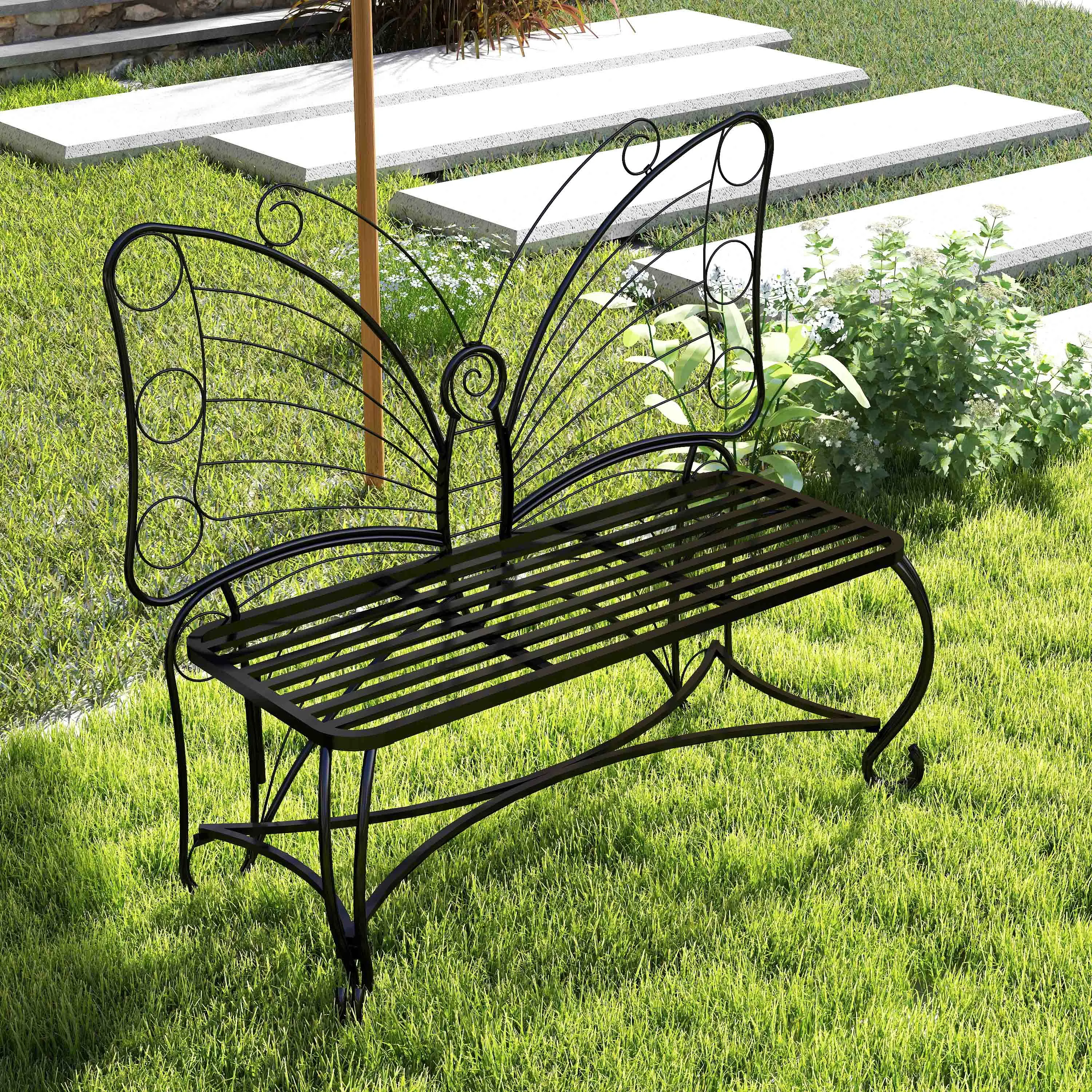 DOMISO Butterfly Cast Metal Garden Bench, Outdoor Bench Patio Seat, Park Bench Outdoor Seating for Garden, Yard, Park, Entryway