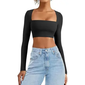 Women's Square Neck Crop Top Workout Tops Long Sleeve Shirts Cropped T Shirts Women Cute Topbodyless long sleeve gym wear Womenswear Comfort