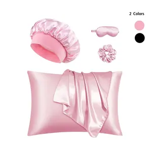 Solid Color Sleeping Eye Mask Set, 1pc Sleeping Eye Mask & 1pc Hair Tie & 1pc Shower Cap & 2pcs Soft Pillowcase, Bedding Accessories Kit for Home, Hair Bonnet, Hair Scrunchies, Night Mask, Pink Skincare Products, Sleep Aid Products, Eye Cover